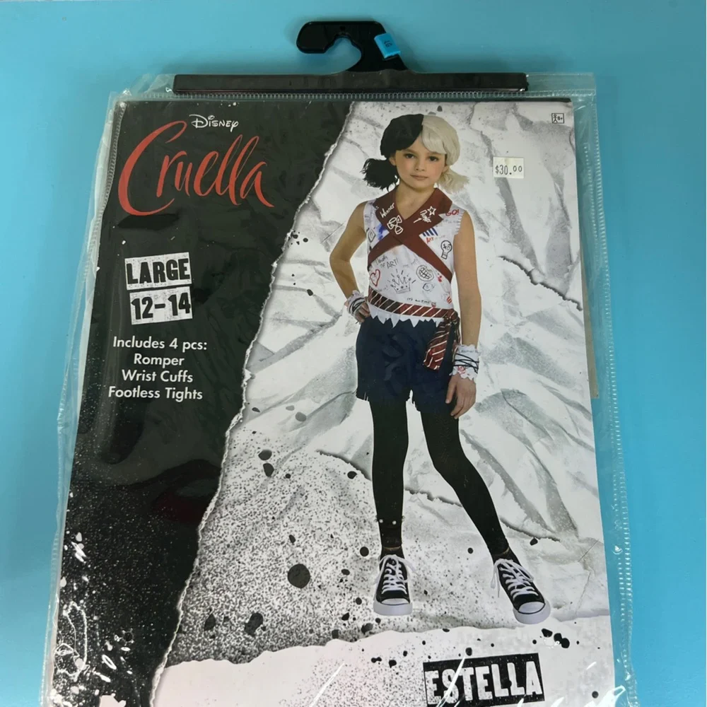 Disney Cruella Estella 4-Piece Set Costume (1)Romper (2)Wrist Cuffs (1)Tights